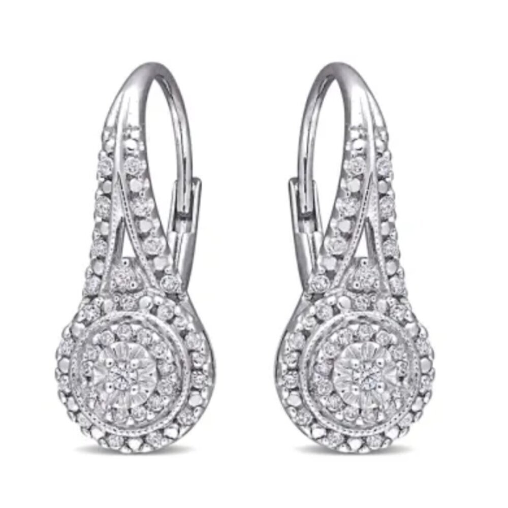 NWT Nearly 1/2 Carat Natural Diamond Double Halo Leverback Hoop Earrings, 3/4"